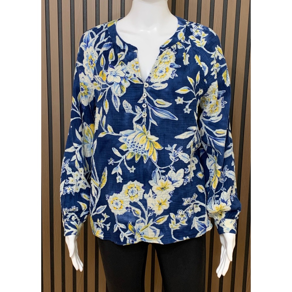 Talbots Petite Blue Floral Cotton Gauze Button Front Blouse MP Petite Classic